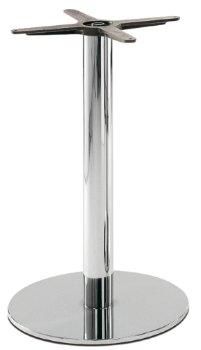 Tavolo con base in ghisa sabbiata. Copribase  e colonna in acciaio inox satinato, lucidato o verniciato. Piedini regolabili a richiesta. Abbinabile aripiani in diverse dimensioni e finiture. Per tavoli 65x65 cm oppure diam.90 cm. Dim. H 73 cm  