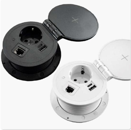 EXIT Spot WLC, 5W, Ø80 mm, con 1 presa di corrente, 2 USB per ricarica (1XUSB-A + 1X USB-C), 1 RJ45 (intercambiabile). Caricatore wireless nel coperchio apribile. Cavo di alimentazione 2 mt. Modello DE, BIANCO