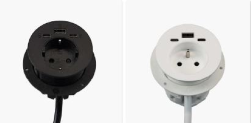 EXIT Spot A2C, Ø60 mm, con 1 presa elettrica, 1 USB-A &  1 USB-C (per ricarica), 1 USB-C (pertrasferimento dati). Cavo di alimentazione 1,5 mt. Modello DE. NERO O BIANCO