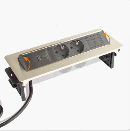 EXIT Tip multipresa a scomparsa, 288x111x94mm, con 2 prese di corrente, 1X USB-A per ricarica + 1X USB-C per ricarica, 2 spazi configurabili con insterti Keystone. Cavo di alimentazione 2 mt. Finitura inox.