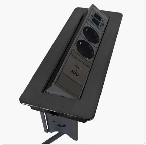 EXIT Tip multipresa a scomparsa, 288x111x94mm, con 2 prese di corrente, 1X USB-A per ricarica + 1X USB-C per ricarica, 2 spazi configurabili con insterti Keystone. Cavo di alimentazione 2 mt. Finitura NERO.