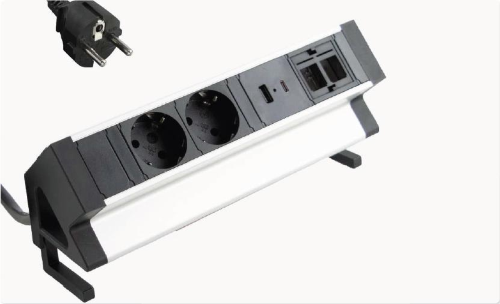 EXIT Side multipresa, 253x74x81mm, modello DE, allum./nero, con 2 prese di corrente, 1X USB-A+ 1X USB-C, 2 spazi configurabili con insterti Keystone. Cavo di alimentazione 2 mt.
