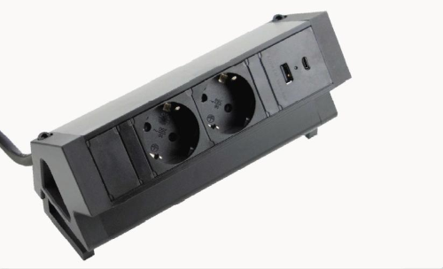 EXIT Side multipresa, 74x200x81mm, modello DE, con 2 prese di corrente, 1X USB-A+ 1X USB-C. Cavo di alimentazione 2 mt. Finitura: nero