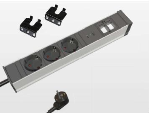 ALUPOWER Plus multipresa in alluminio/plastica, modello DE, allum./nero, con 3 prese di corrente DE, 1X USB-A per ricarica + 1X USB-C per ricarica, 2 spazi configurabili con insterti Keystone. Cavo di alimentazione 2 mt 