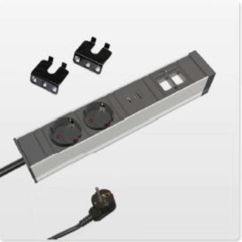 ALUPOWER Plus multipresa in alluminio/plastica, modello IT UNEL , allum./nero, con 2 prese di corrente, 1X USB-A per ricarica + 1X USB-C per ricarica, 2 spazi configurabili con insterti Keystone. Cavo di alimentazione 2 mt 