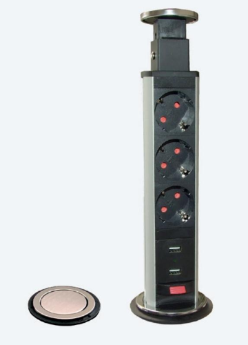 POWER TOWER 60- Power torretta estraibile diametro 60 mm, 3x prese di corrente DE, 1x USB-A e 1x USB-C per ricarica, profilo alluminio, 1,5 m di cavo 