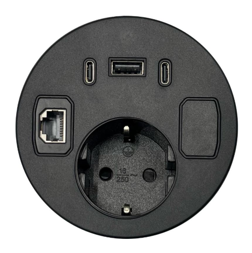 EXIT Spot 80 G2, Ø80 mm, con 1 presa di corrente, 3 USB per ricarica (1XUSB-A + 2X USB-C), 1 RJ45 (intercambiabile) E 1 Tassello cieco. Cavo di alimentazione 2 mt. Modello DE, NERO