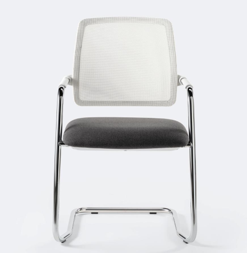 FRAME - Poltroncina attesa tappezzata su slitta cromata con schienale in rete RV, sedile imbottito in gomma ignifuga, pad in plastica, plastiche bianche 