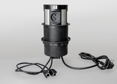 POWER TOWER MAXI WLC - Torretta estraibile diametro 120 mm, 4x prese di corrente DE , 1x USB-A + 1 USB-C  per ricarica, 2 RJ45 CAT6  profilo alluminio, 1,5 m di cavo 