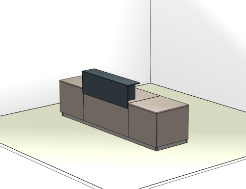 Composizione reception L.300 P.80 h.75 - PIANO E PANNELLI CANAPA OPACO con mensola di appoggio L.140 H.105 BLU OPALE e zoccolo antracite - ILLUMINAZIONE LED