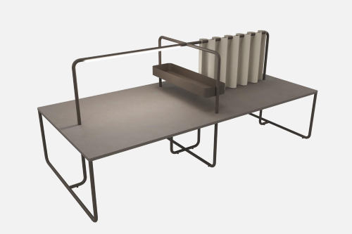 ALEA ITUBE - BENCH L.320 P.150 CON ANGOLI ARROTONDATI, ILLUMINAZIONE LED, VASCA LATERALE, TENDA IN FELTRO - STRUTTURA BRONZO E PIANI CACAO