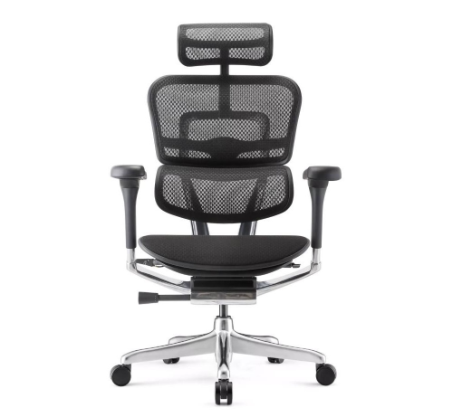 ERGOHUMAN ELITE EVOLUTION - Poltrona ergonomica H24 certificata 150 KG - Schienale in RETE ELASTOMERICA, sedile TESSUTO, poggiatesta 2D, sostegno lombare regolabile in alt. e prof., traslatore di seduta, braccioli 5D, struttura e base in alluminio lucido