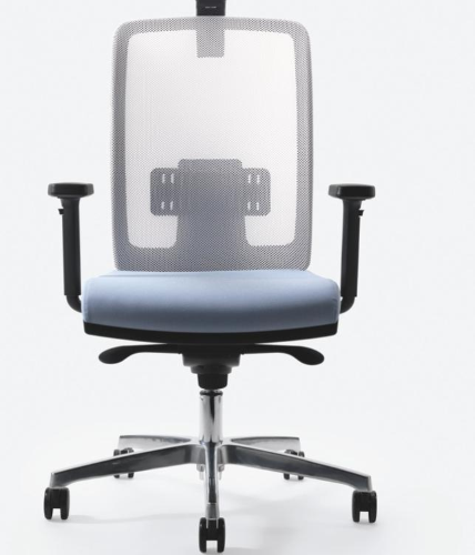 COMETA RETE + TRASLATORE + BASE LUCIDA - Operativa schienale in rete RV reg. Up&Down, BR reg. in altezza con PAD in PU morbido , sedile in schiumato, supporto lombare reg. in altezza e profondità, syncro, ruote maxi D.65 -EN 1335-A-CLASSE 1IM-CAM