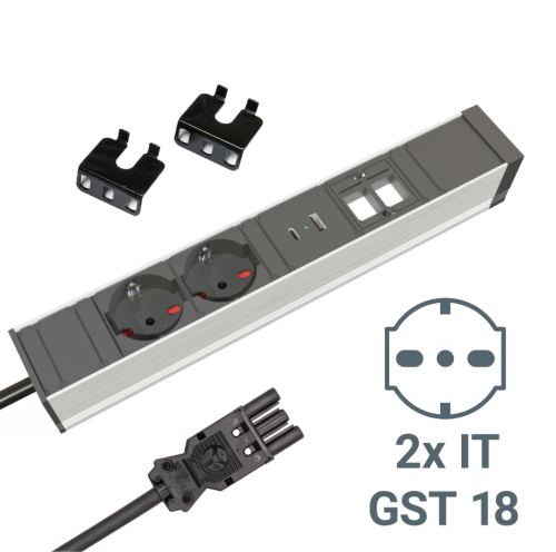 ALUPOWER Plus multipresa in alluminio/plastica, modello IT UNEL , allum./nero, con 2 prese di corrente, 1X USB-A per ricarica + 1X USB-C per ricarica, 2 spazi configurabili con insterti Keystone. Cavo di alimentazione 2 mt 