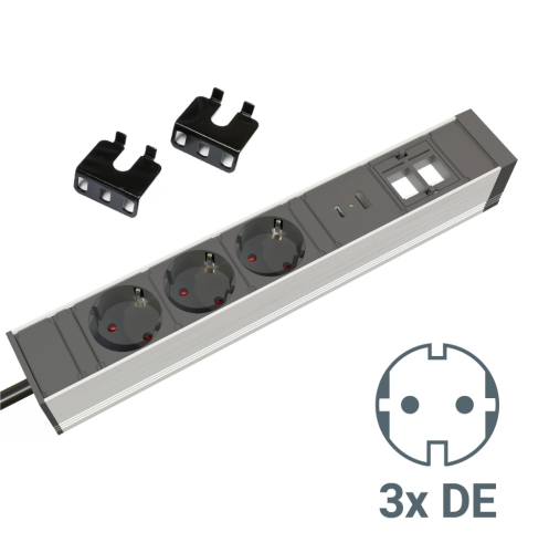 ALUPOWER Plus multipresa in alluminio/plastica, modello DE, allum./nero, con 3 prese di corrente DE, 1X USB-A per ricarica + 1X USB-C per ricarica, 2 spazi configurabili con insterti Keystone. Cavo di alimentazione 2 mt 