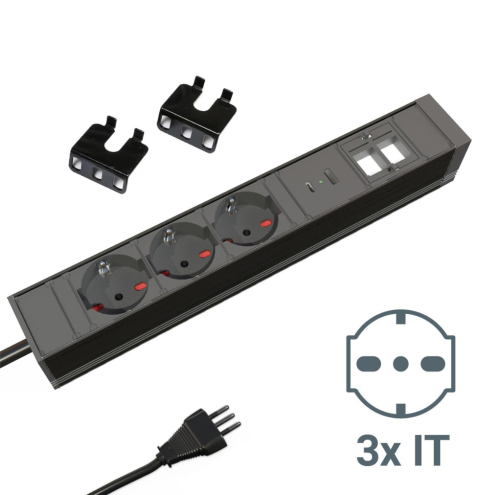 ALUPOWER Plus multipresa in alluminio/plastica, modello IT UNEL , allum./nero, con 3 prese di corrente UNEL, 1X USB-A per ricarica + 1X USB-C per ricarica, 2 spazi configurabili con insterti Keystone. Cavo di alimentazione 2 mt 