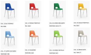 HELENE SCUOLA 1031 AI - L.44 P.48 ALTEZZA SEDUTA IN 3 MISURE: H.38-42-46 - Sedia impilabile con scocca in polipropilene IGNIFUGO IN CLASSE 1 disponibile in 8 COLORI - Struttura in tubolare d'acciaio d.18 mm verniciato nero, grigio o cromato. 