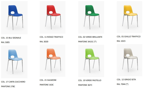 HELENE SCUOLA 1031 AI - L.44 P.48 ALTEZZA SEDUTA IN 3 MISURE: H.38-42-46 - Sedia impilabile con scocca in polipropilene IGNIFUGO IN CLASSE 1 disponibile in 8 COLORI - Struttura in tubolare d'acciaio d.18 mm verniciato nero, grigio o cromato. 