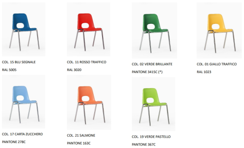 HELENE SCUOLA INFANZIA 1041 AI - L.37 P.39 ALTEZZA SEDUTA IN 3 MISURE: H.26-30-34 - Sedia impilabile con scocca in polipropilene IGNIFUGO IN CLASSE 1 disponibile in 7 COLORI - Struttura in tubolare d'acciaio d.18 mm verniciato nero, grigio o cromato. 