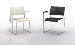VALE T - POLTRONA CON BRACCIOLI E TAVOLETTA SCRITTOIO - STRUTTURA A SLITTA IN ACCIAIO CROMATA D. 11 mm - SCOCCA IN POLIAMMIDE IGNIFUGO AUTOESTINGUENTE DI CLASSE1 COLORATO IN MASSA IN 3 COLORI : NERO-BIANCO-ANTRACITE L.65 P.62 H.80 