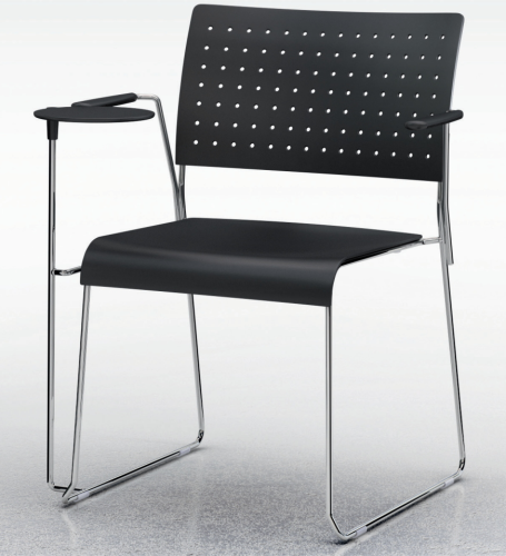 VALE T - POLTRONA CON BRACCIOLI E TAVOLETTA SCRITTOIO - STRUTTURA A SLITTA IN ACCIAIO CROMATA D. 11 mm - SCOCCA IN POLIAMMIDE IGNIFUGO AUTOESTINGUENTE DI CLASSE1 COLORATO IN MASSA IN 3 COLORI : NERO-BIANCO-ANTRACITE L.65 P.62 H.80 