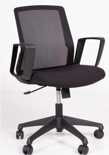 MEETING - Poltrona girevole, base 5 razze nylon nero, ruote frenate, seduta reg. in H., meccanismo tilt, braccioli fissi in nylon, seduta imbottita e schienale in rete nero. 