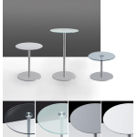 JOLLY : SERIE di Tavolini con 5 ALTEZZE - Struttura cromata e base inox lucido o tutta verniciata argento. Piano ROTONDO d.60/80 in HPL grigio, bianco, vetro trasparente o satinato.