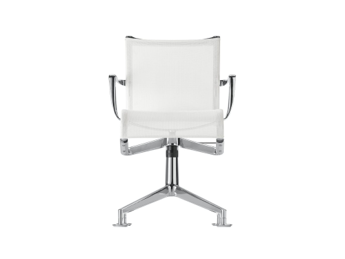 MEETINGFRAME + TILT Sedia girevole autoallineante con braccioli, con meccanismo tilt e base a 4 razze con scivoli.Struttura composta da profilo di alluminio estruso ed elementi pressofusi di alluminio, seduta e schienale in rete ignifuga.